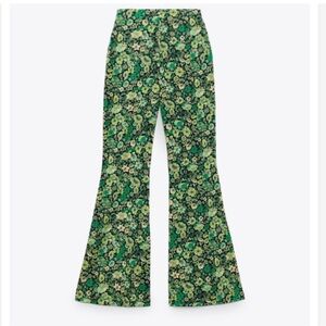 💕 ZARA green floral flare pants size M stretch pull on bohemian